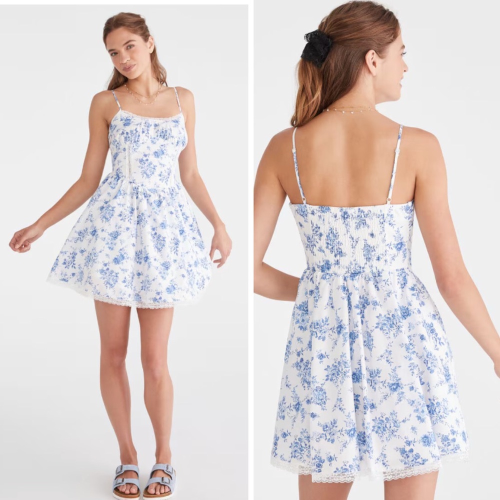 Aeropostale Blue White Floral Scoop-Neck Fit & Flare Dress